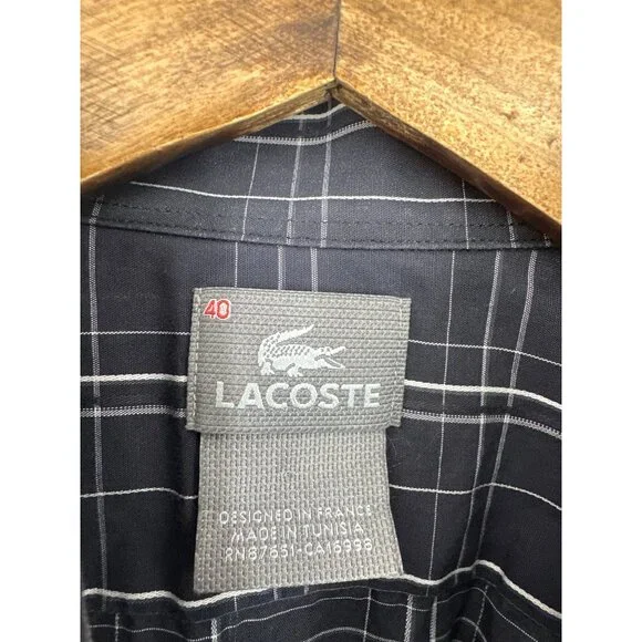 Lacoste Mens Navy & White Plaid Long Sleeve Button-Up Shirt Size 40 M - Picture 4 of 9